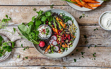 Linsen-Bowl mit Sprossen und Quark-Dip für abends