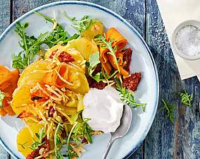 Rezept für Crunchy Pulled Potaotes mit Kimchi-Karotten Crunchy Pulled Potaotes mit Kimchi-Karotten