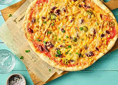 Vegane Texmex-Pizza mit Kräuterseitlingen