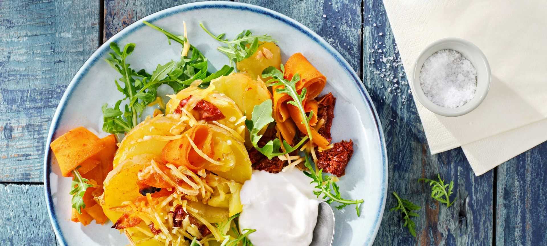 Rezeptbild für Crunchy Pulled Potaotes mit Kimchi-Karotten