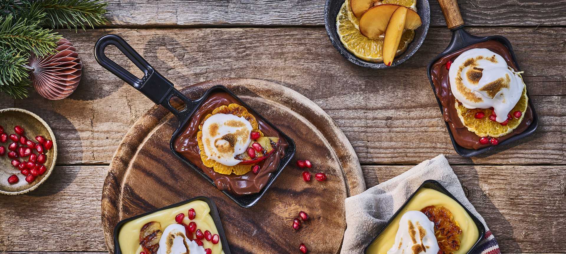 Rezeptbild für Süßes Raclette-Pfännchen mit Obst und Baiser