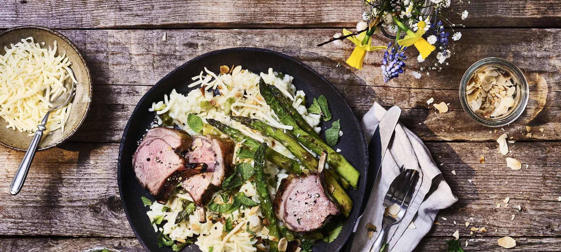 Rezeptbild für Osterlamm mit Spargel-Risotto und Minz-Schmand