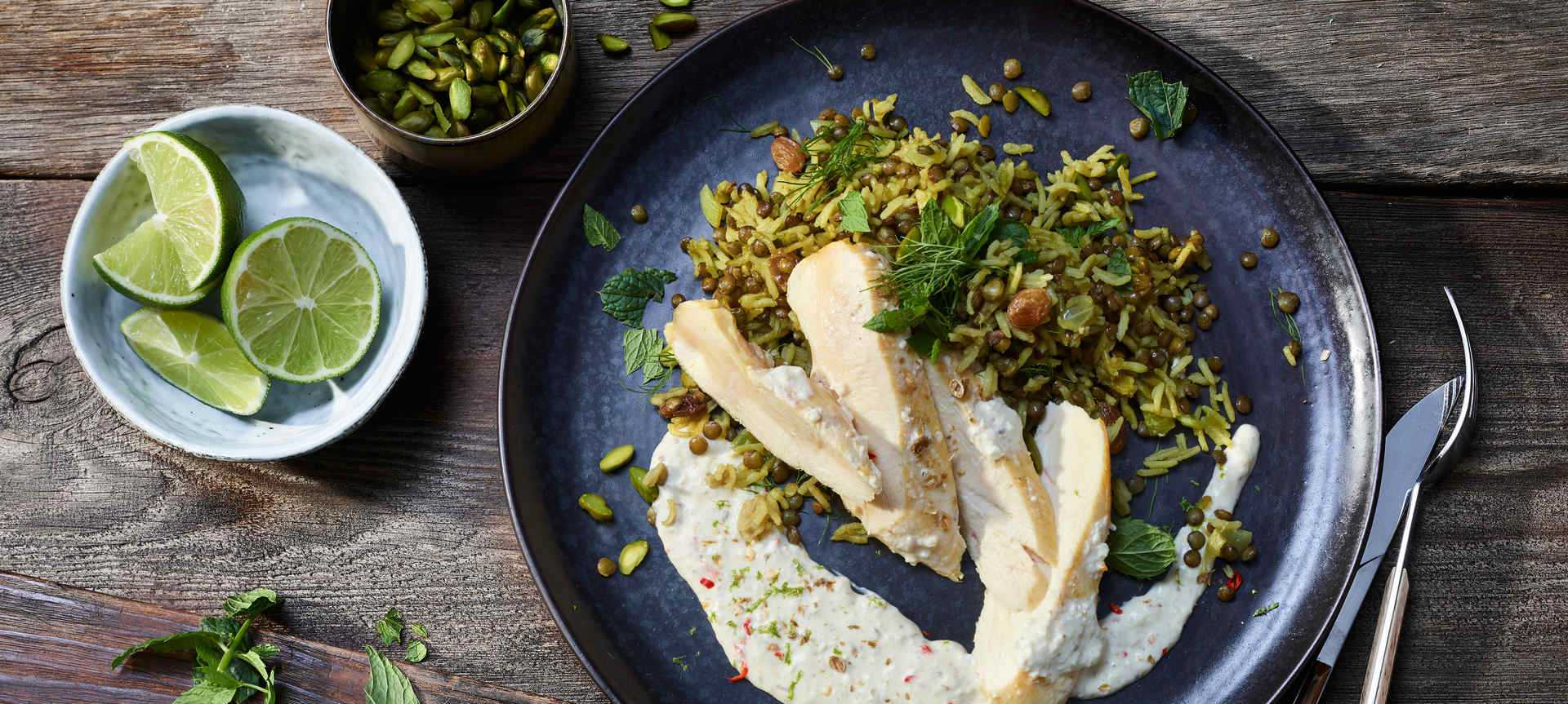 Rezeptbild für Maispoulardenbrust in Limetten-Sauce mit Linsen-Reis