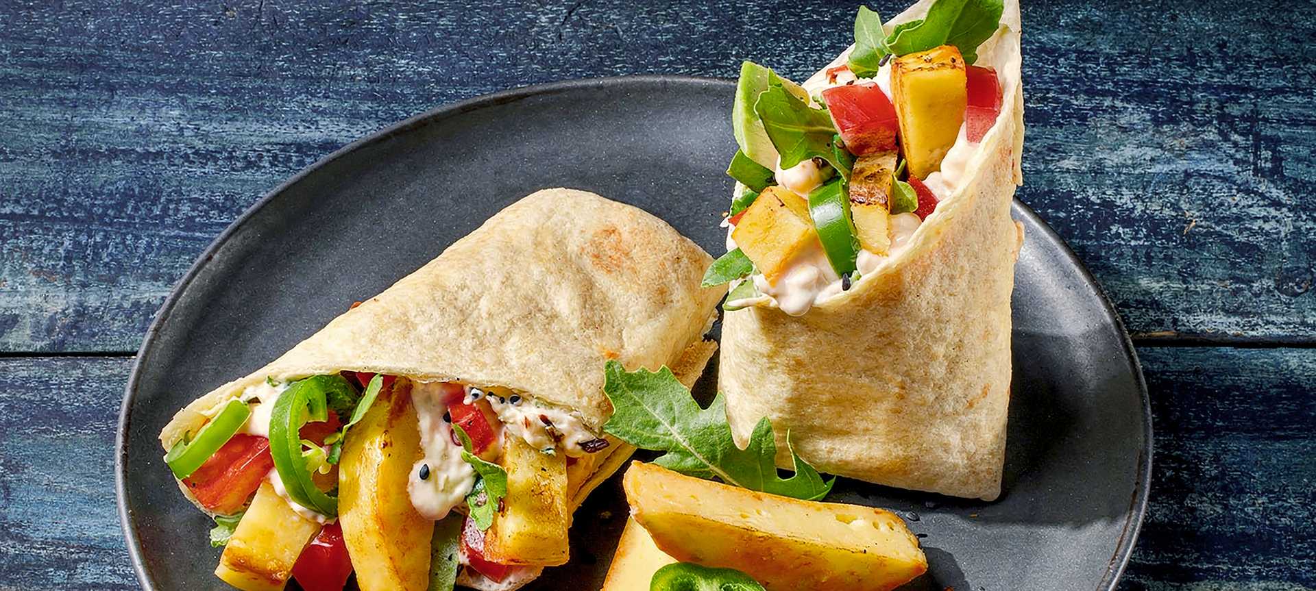Rezeptbild für Schneller Veggie-Wrap: Grillkäse-Hotties mit Avocado & Aioli