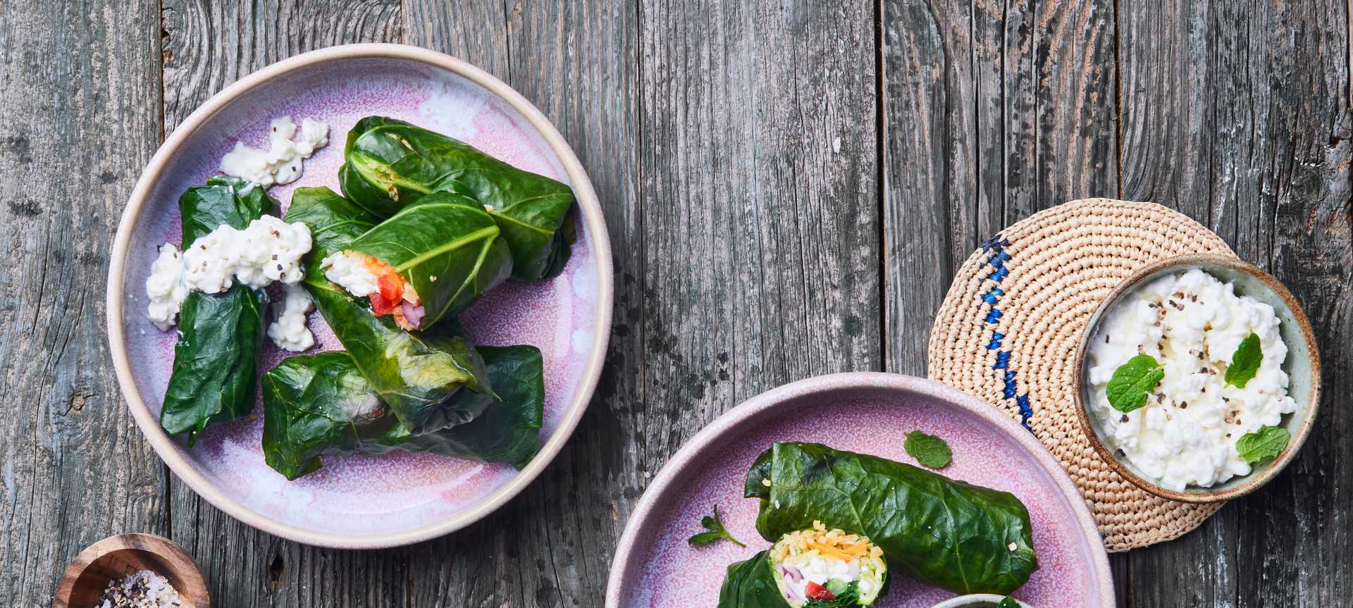 Rezeptbild für Vegetarische Wraps aus Kohlrabiblättern mit Bulgur