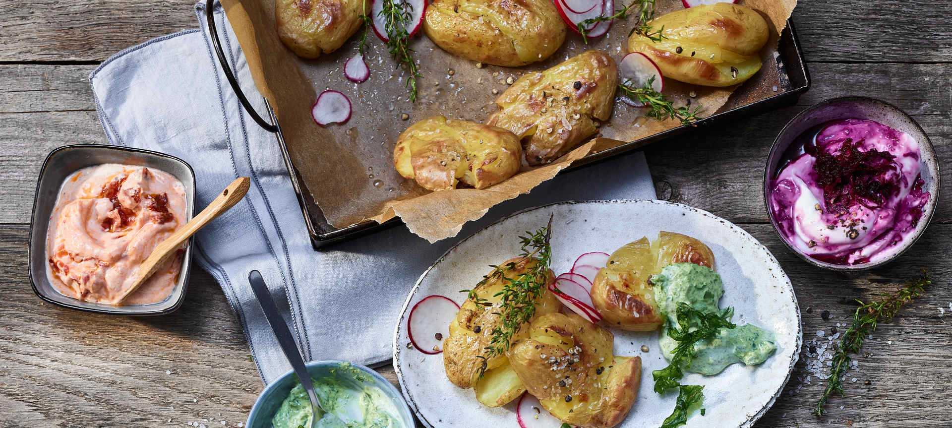 Rezeptbild für Smashed Potatoes mit Dreierlei-Aioli